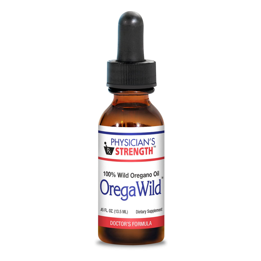 Physician's Strength OregaWild oil bottle with pure wild oregano aroma for daily use.