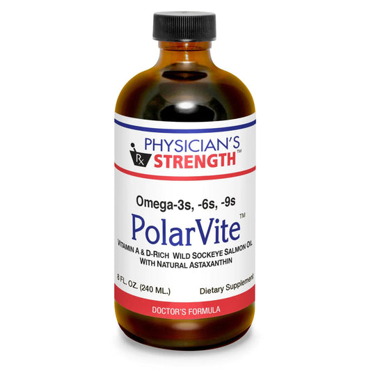 Physician's Strength PolarVite bottle front, ideal for daily omega-3 and vitamin intake.