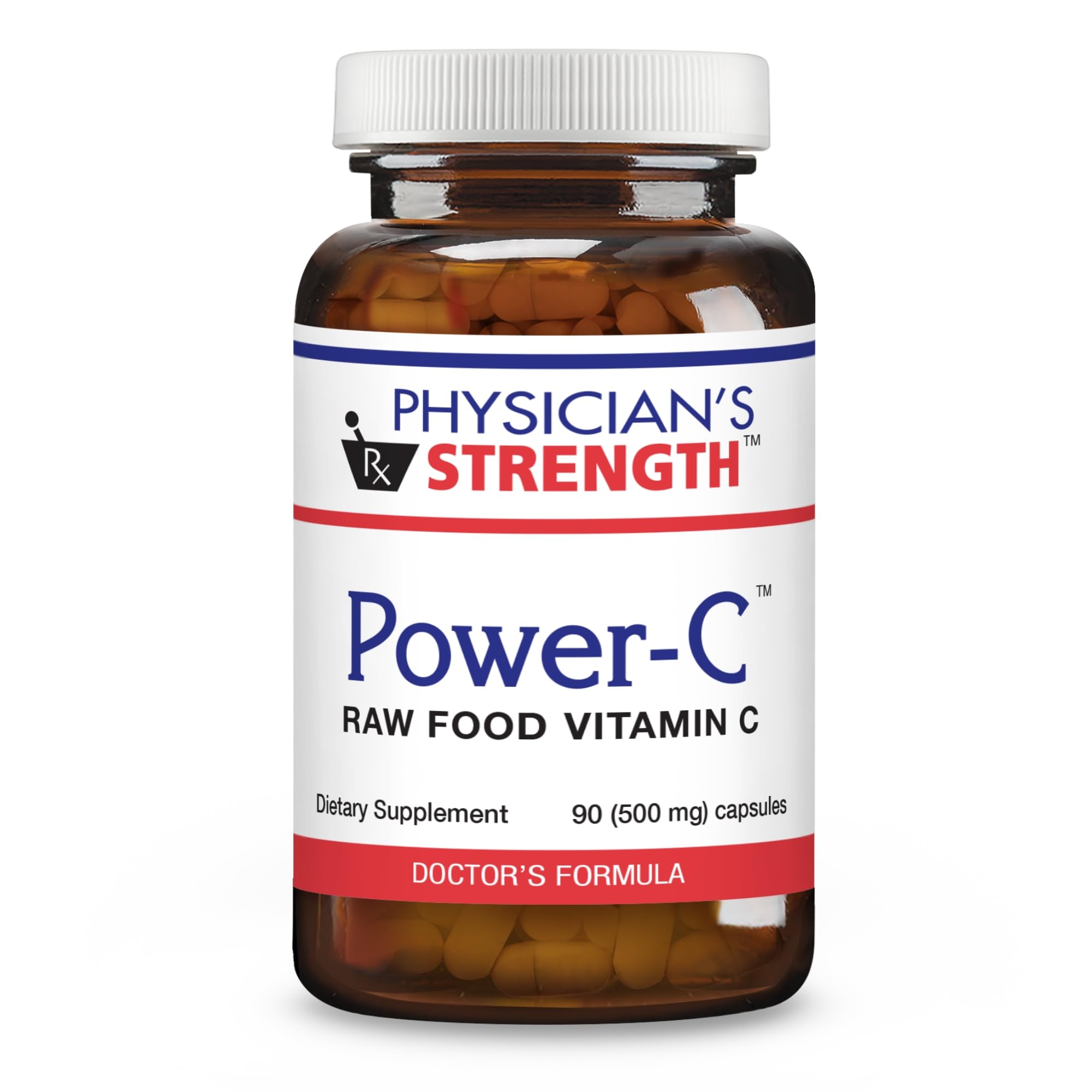 Physician's Strength Power-C bottle front with capsules for daily raw vitamin C