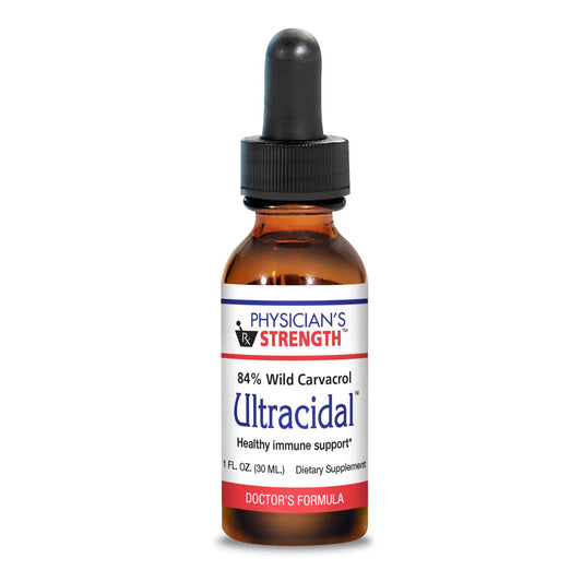 Physician's Strength Ultracidal wild-source oregano oil bottle highlighting high carvacrol content for immune wellness