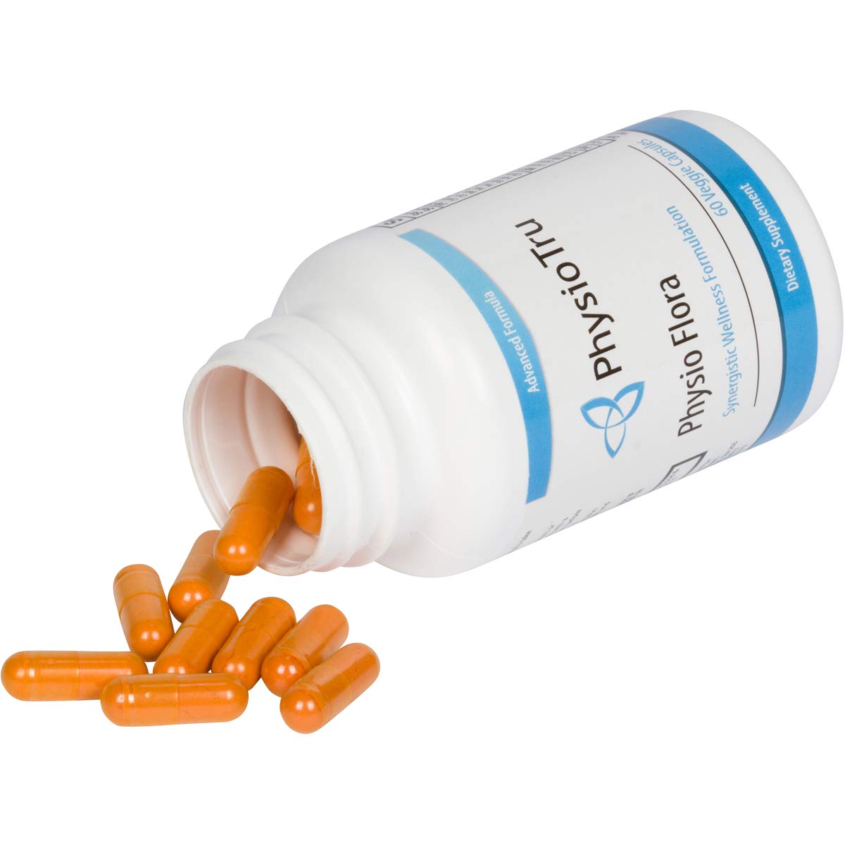 PhysioTru Physio Flora bottle on kitchen shelf for everyday gut support.