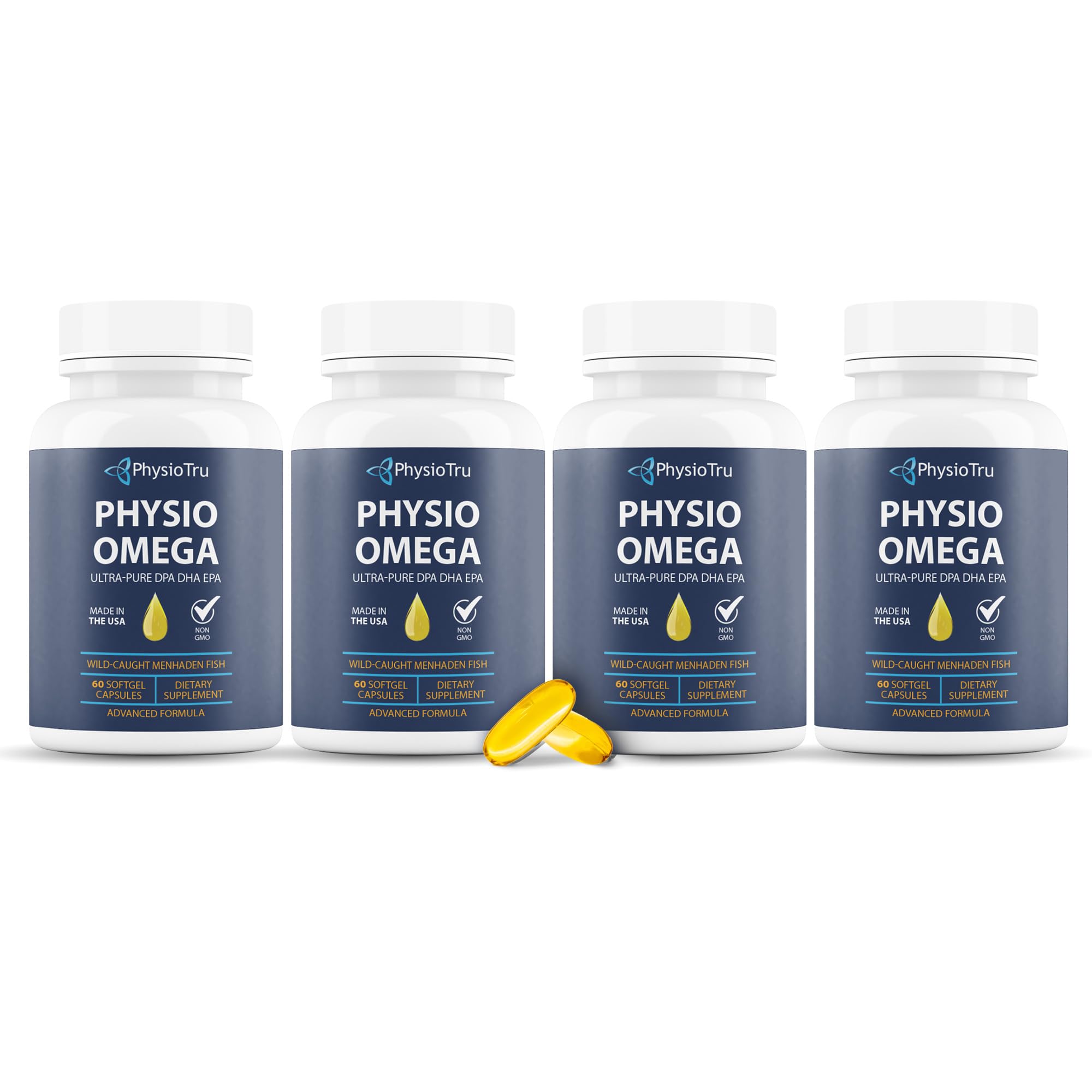 PhysioOmega bottle front showing non-GMO, citrus-flavored omega-3 supplement.