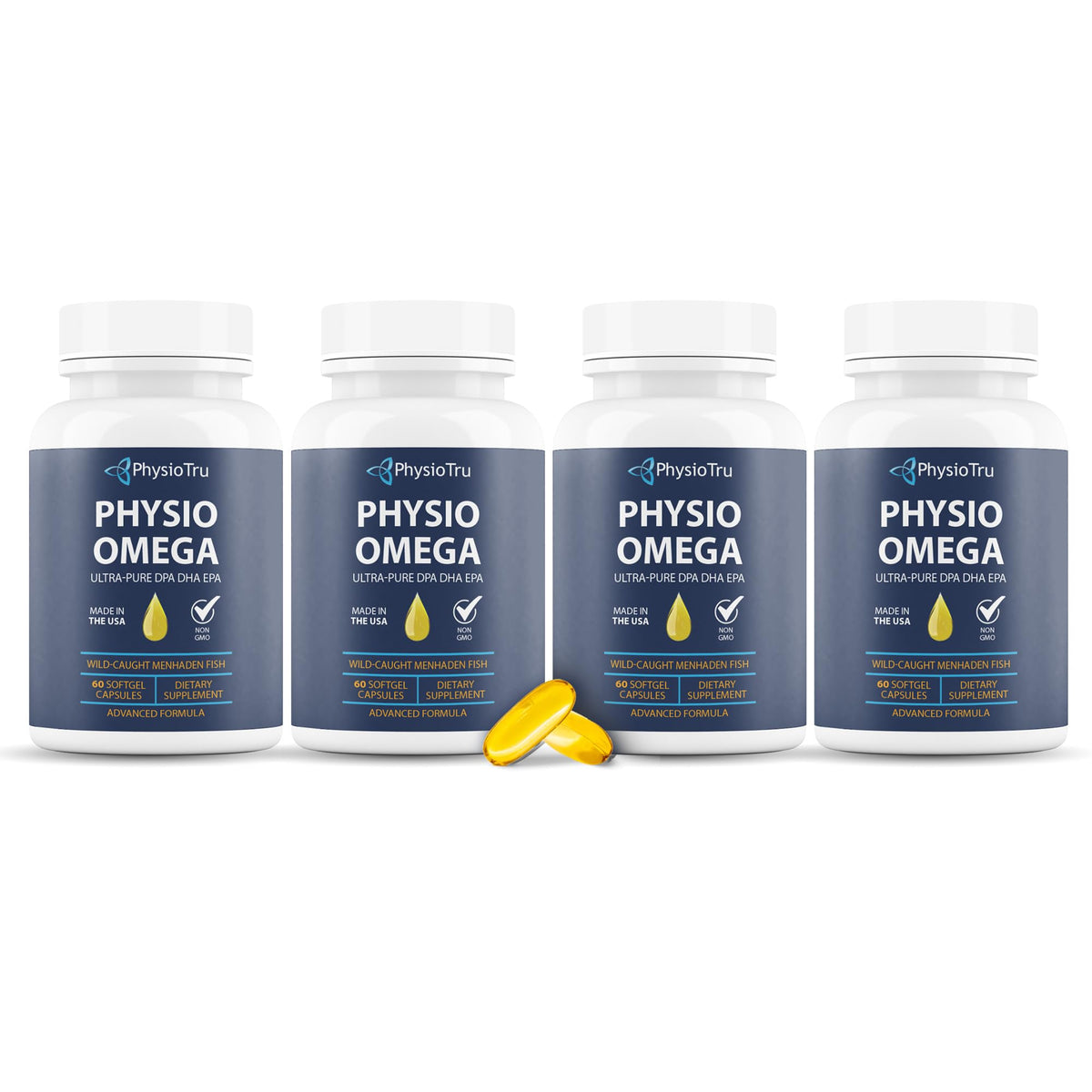 PhysioOmega bottle front showing non-GMO, citrus-flavored omega-3 supplement.