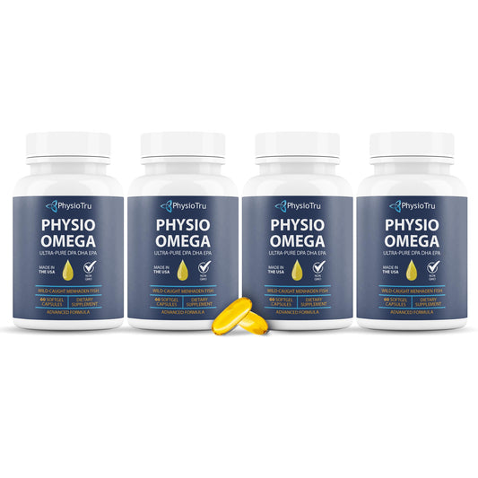 PhysioOmega bottle front showing non-GMO, citrus-flavored omega-3 supplement.