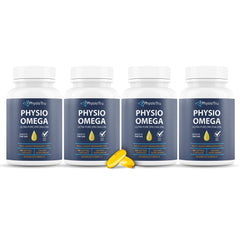 PhysioOmega bottle front showing non-GMO, citrus-flavored omega-3 supplement.