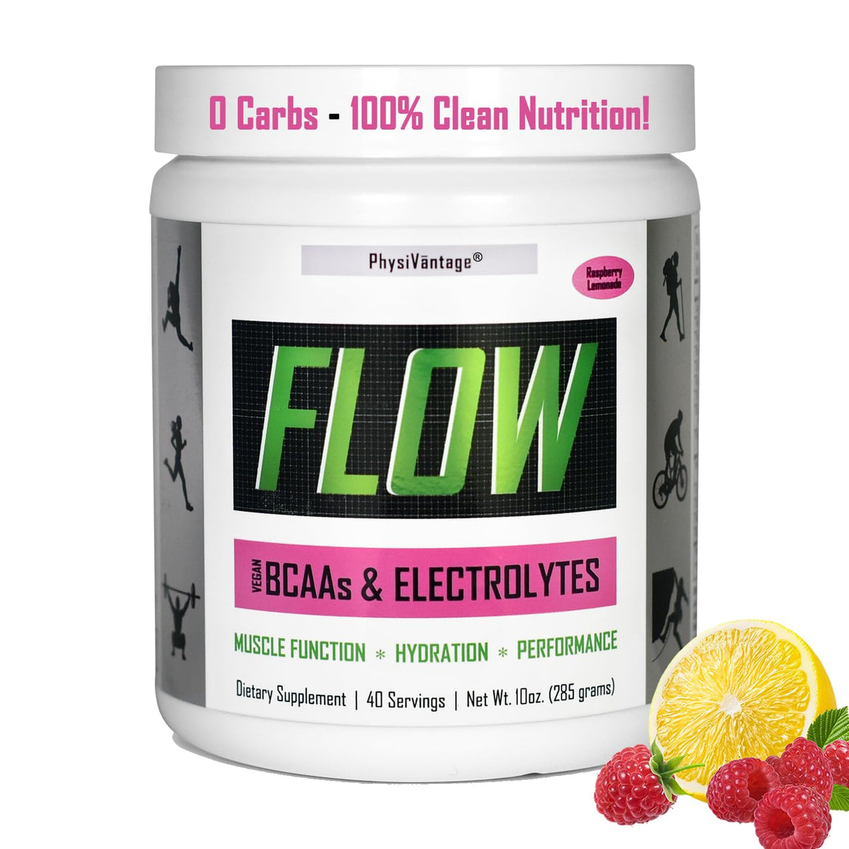 Physiovantage Flow powder bottle for convenient hydration during workouts.