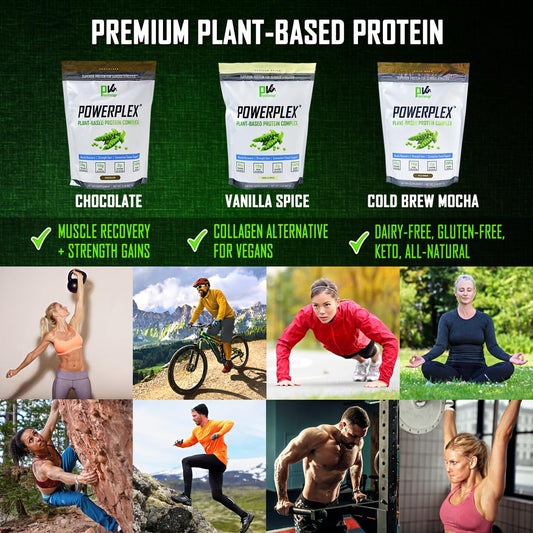 POWERPLEX tub with spoon suggests easy mixing for plant-based shakes