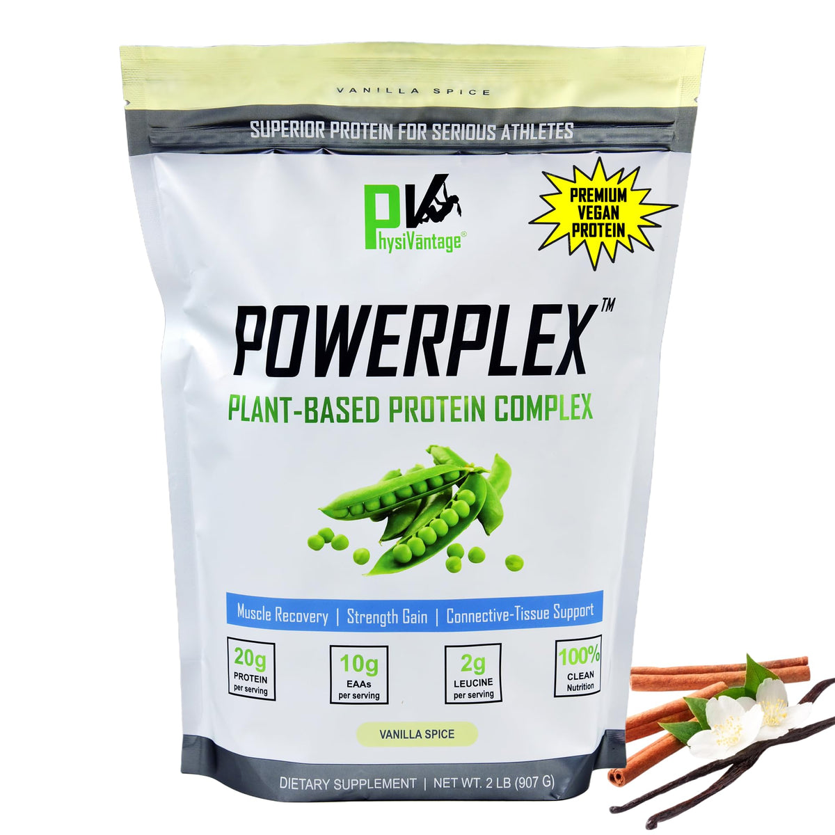 PhysiVantage POWERPLEX vanilla tub front highlighting vegan protein for post-workout recovery