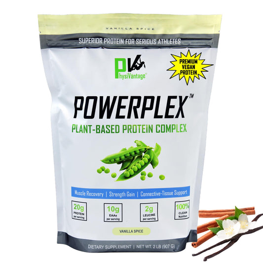 PhysiVantage POWERPLEX vanilla tub front highlighting vegan protein for post-workout recovery