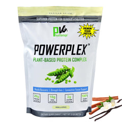 PhysiVantage POWERPLEX vanilla tub front highlighting vegan protein for post-workout recovery