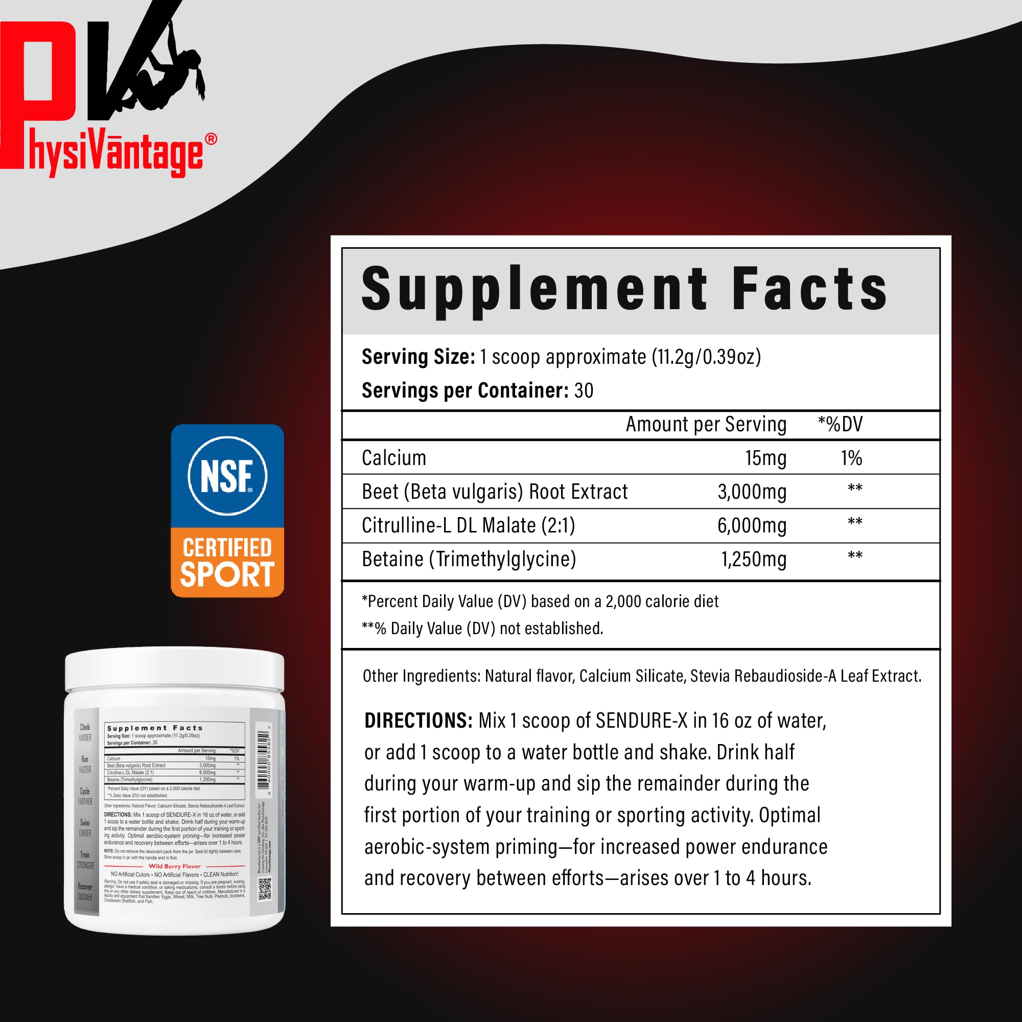 PhysiVantage Sendure-X Wild Berry powder poured into water for a smooth energy boost.