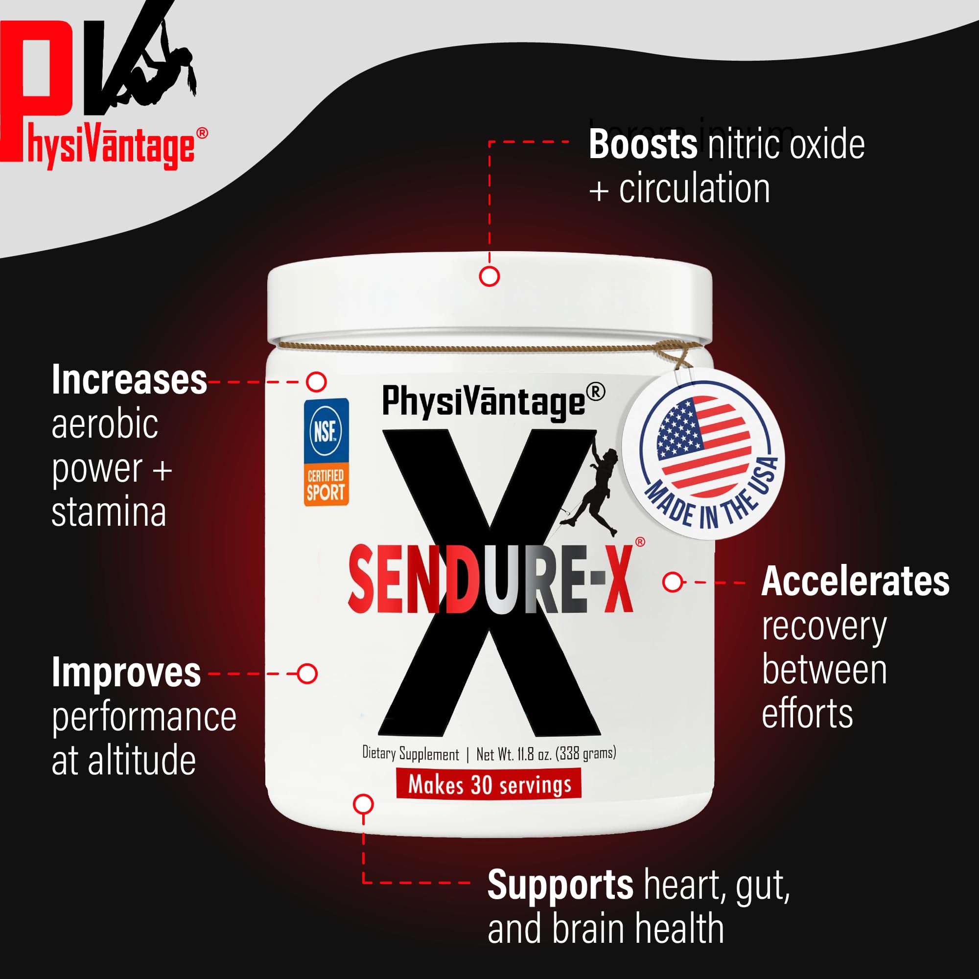 PhysiVantage Sendure-X Wild Berry scoop beside powder for precise pre-workout dosing.