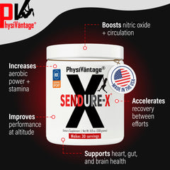 PhysiVantage Sendure-X Wild Berry scoop beside powder for precise pre-workout dosing.