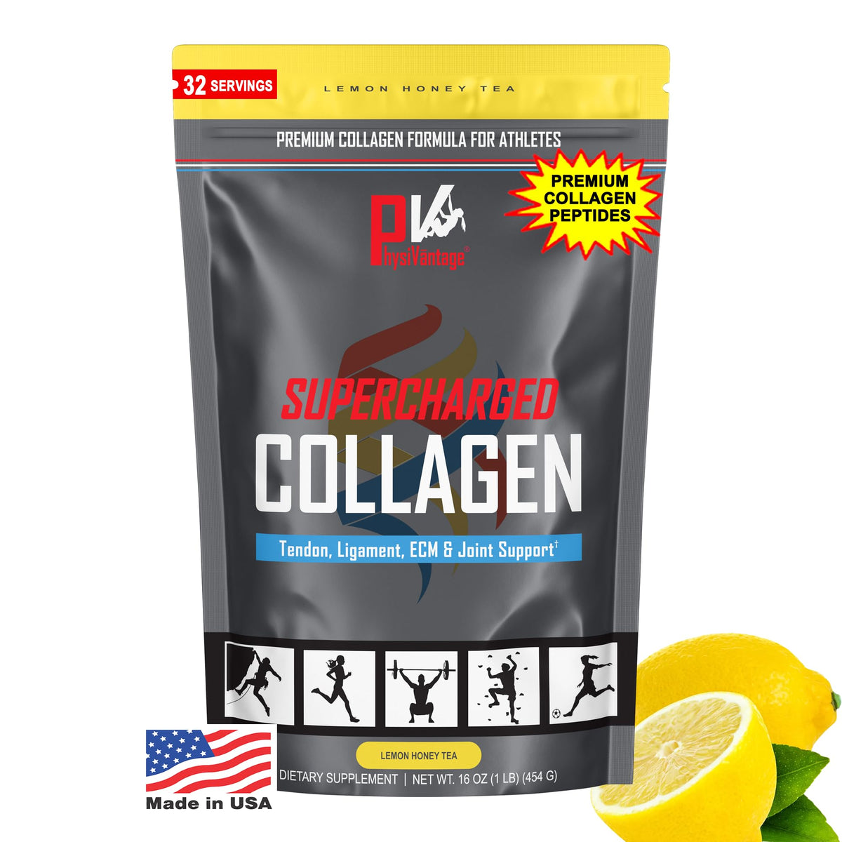 PhysioVantage Supercharged Collagen powder tub front for daily joint and skin support.