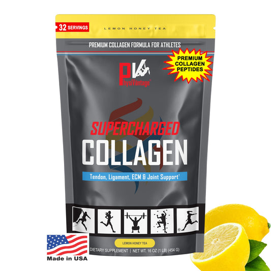 PhysioVantage Supercharged Collagen powder tub front for daily joint and skin support.