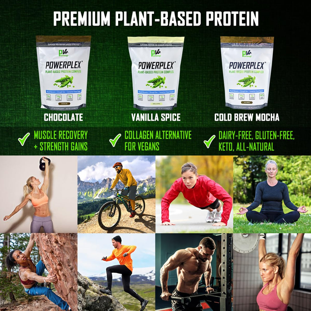 PhysiVantage Powerplex scoop and bag showcasing sugar-free, monk fruit sweetness for clean fueling.