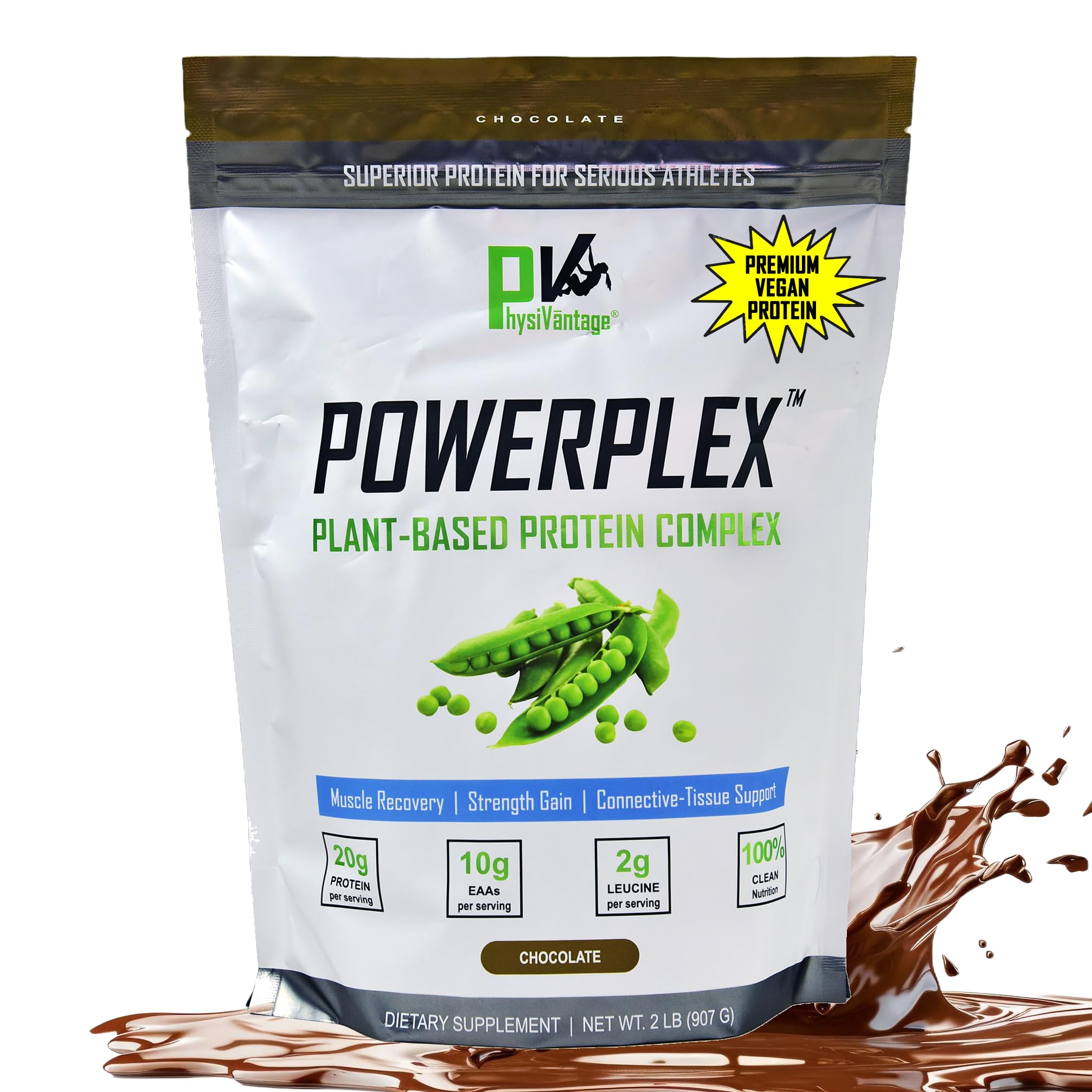 PhysiVantage Powerplex protein powder tub front view highlighting plant-based protein blend for muscle support.