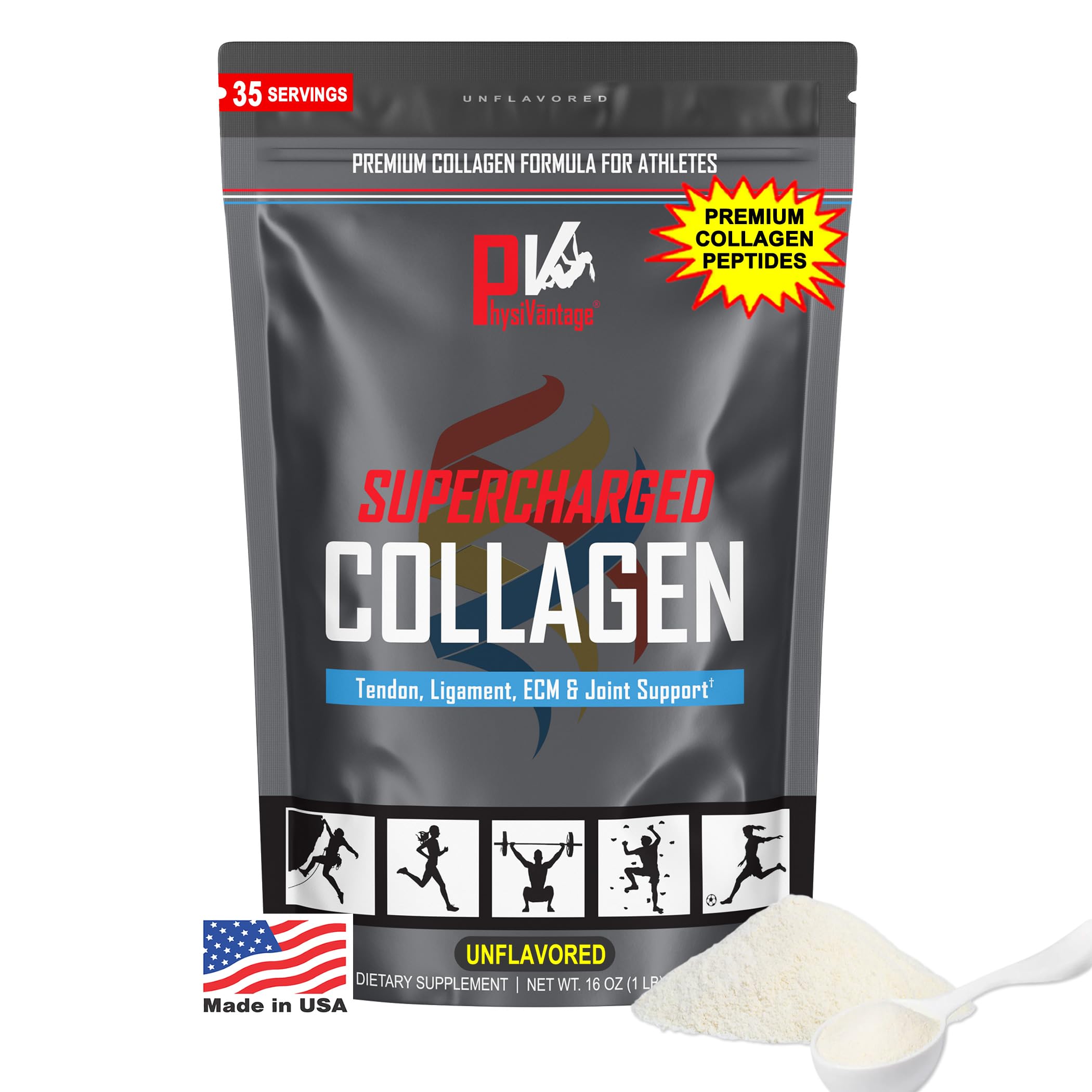 PhysiVantage Supercharged Collagen bottle highlighting grass-fed formula for joints