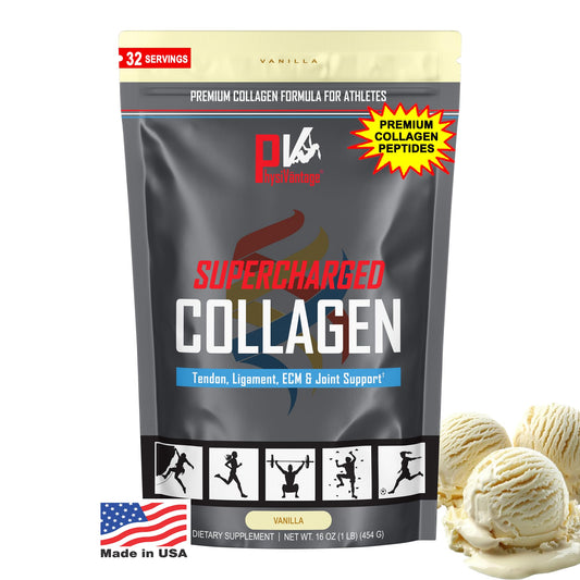 PhysiVantage Supercharged Collagen Vanilla tub front shows premium, grass-fed formula for joints and skin.