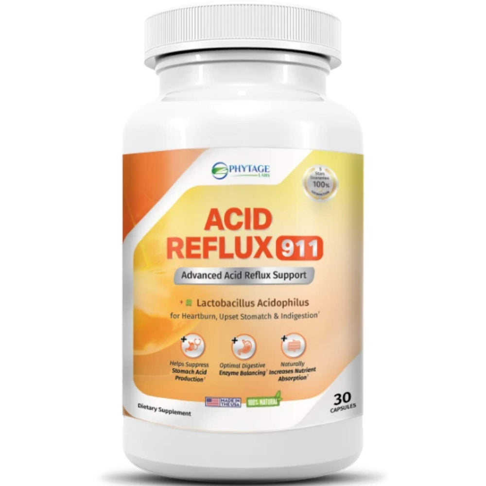 Phytage Labs Acid Reflux 911 bottle front showing natural formula and design.