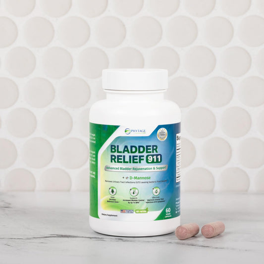 Phytage Labs Bladder Relief 911 bottle back highlights ingredients for bladder health