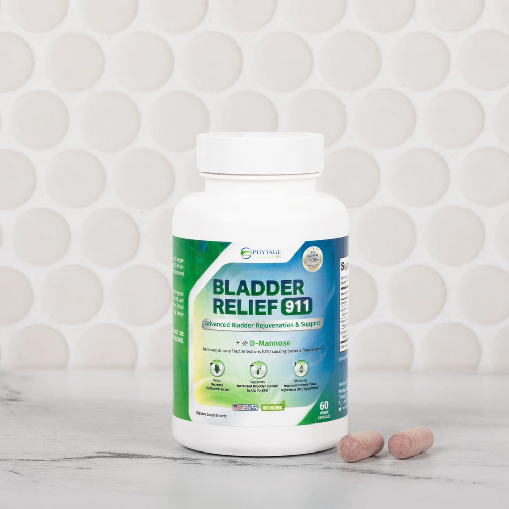 Phytage Labs Bladder Relief 911 bottle label highlights herbal blend and dosage