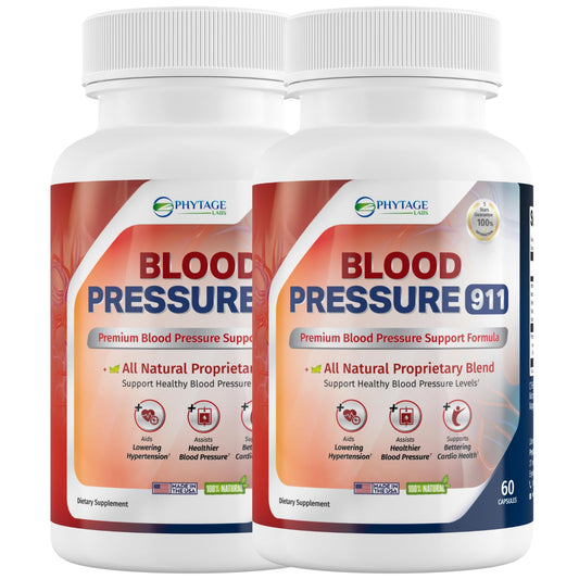 Phytage Labs Blood Pressure 911 bottle front shows easy daily support for heart health.