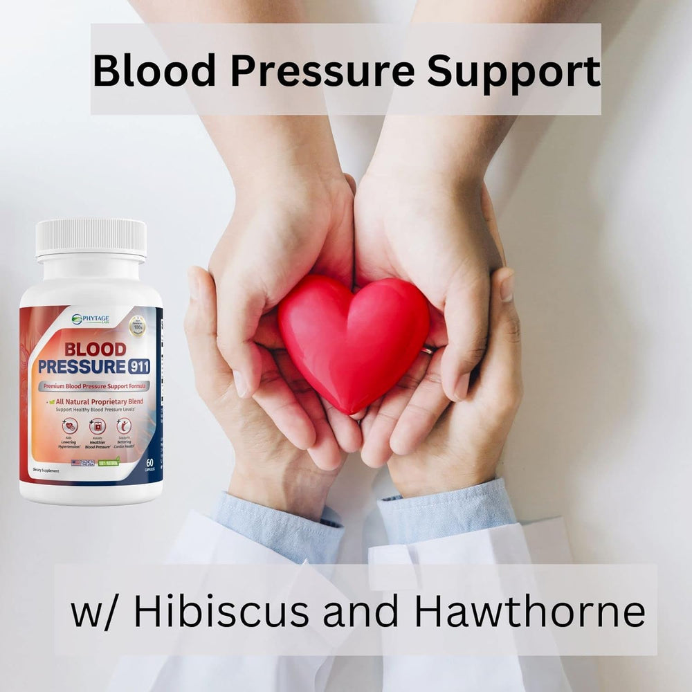 Phytage Labs Blood Pressure 911 capsules closeup highlighting natural ingredients for daily wellness.