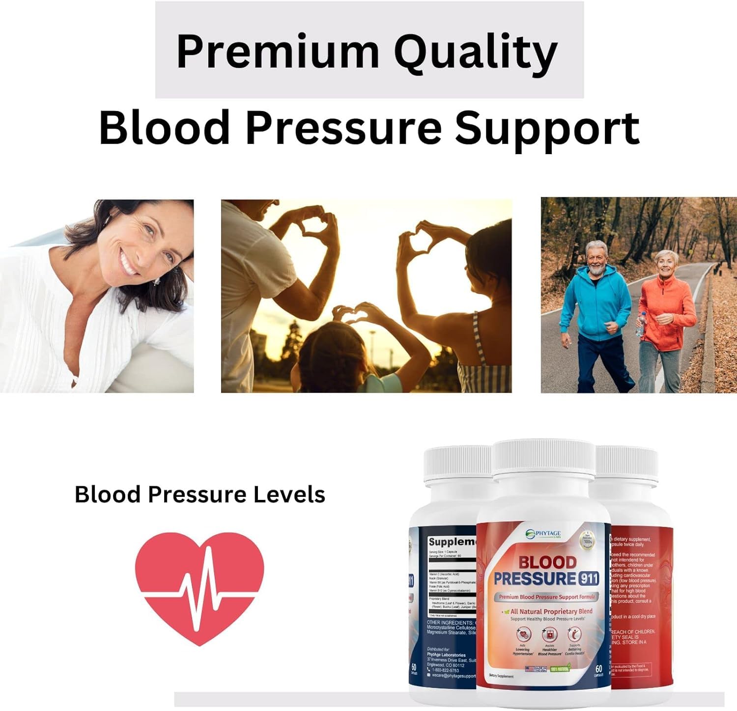 Phytage Labs Blood Pressure 911 nutrition label highlights essential vitamins for support.