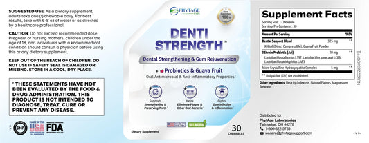 Close-up of Denti Strength chewable tablet highlighting easy daily use