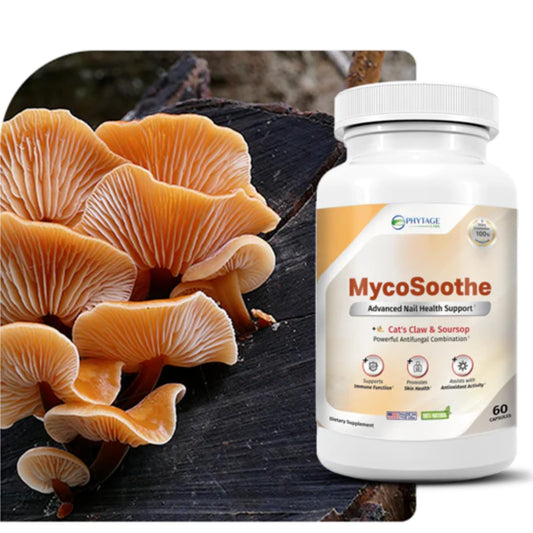 Phytage Labs MycoSoothe capsules closeup highlighting swallow-friendly format.