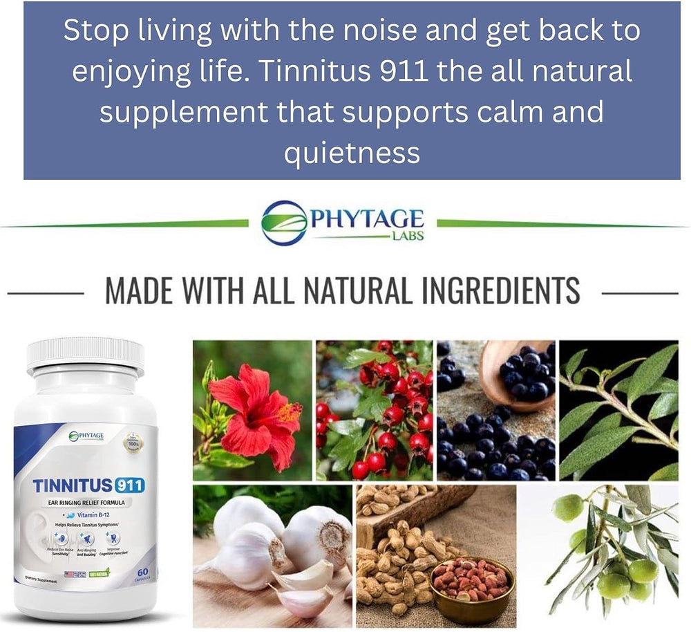 Phytage Labs Tinnitus 911 bottle side view for everyday indoor use