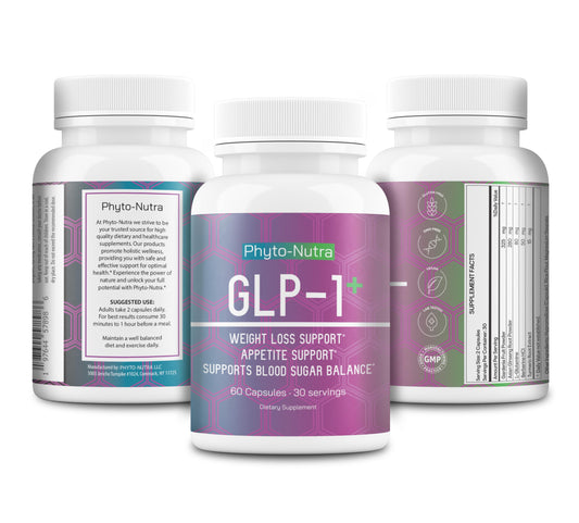 Phyto-Nutra GLP-1 packaging close-up, vegan and non-GMO formulation in focus