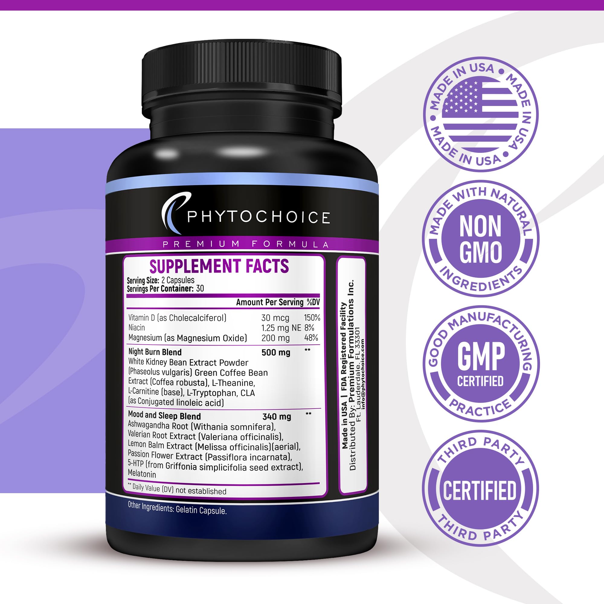 PHYTOCHOICE bottle back label showing ingredients and usage hints