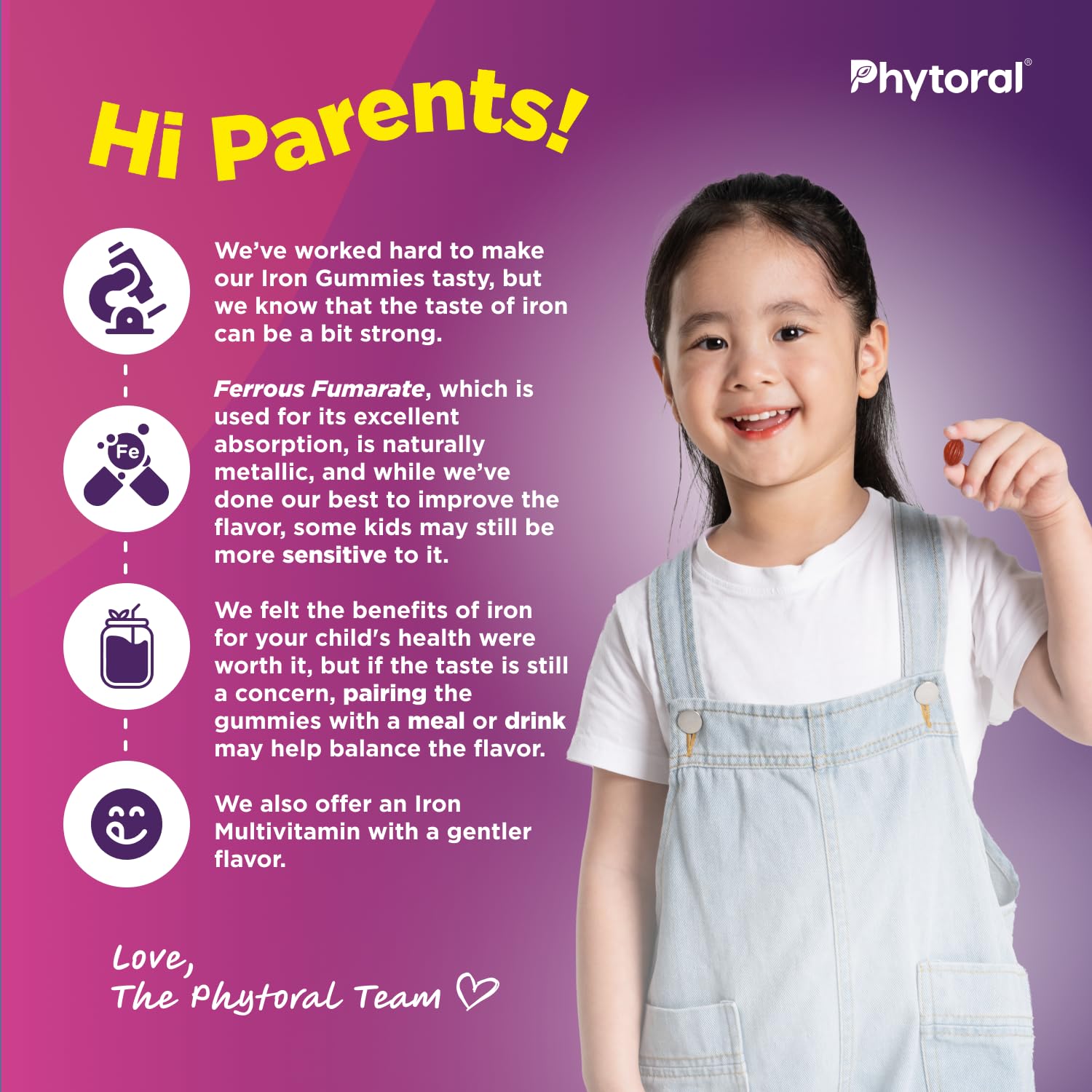 Nutrition facts label on Phytoral Iron Gummies box for transparency.