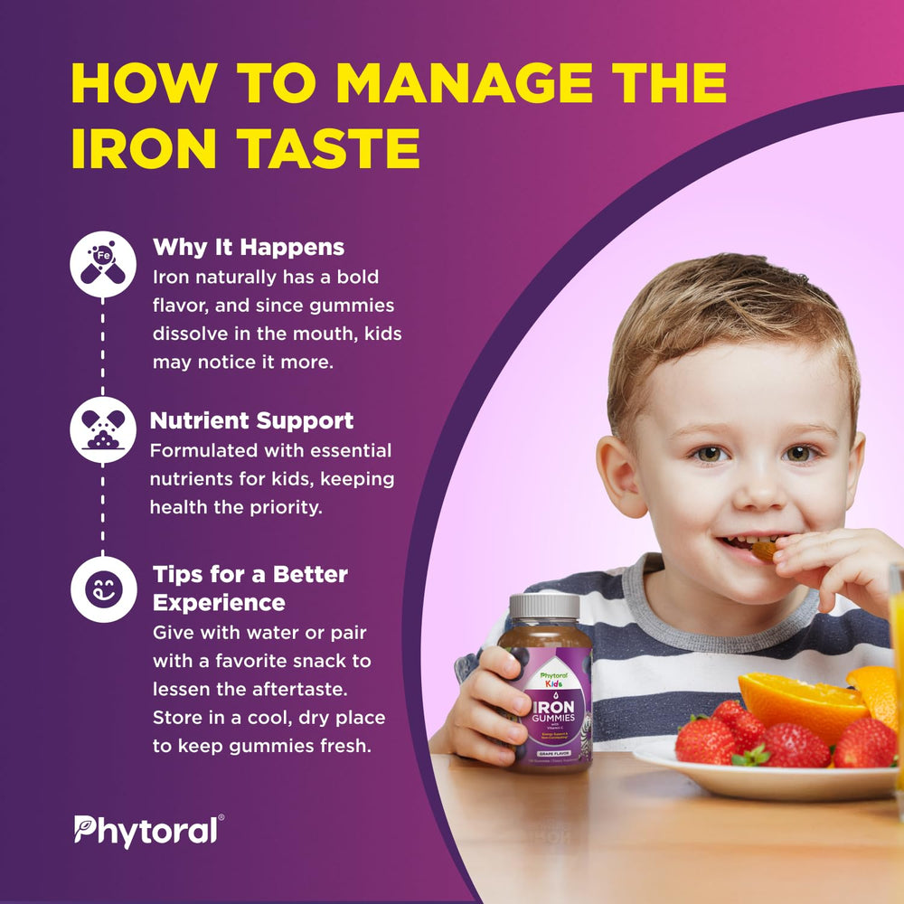 Vegan and non-GMO labeling on Phytoral Iron Gummies packaging.