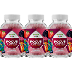 Phytoral Vegan Kids Focus Gummies bottle front supports concentration during homework tasks.