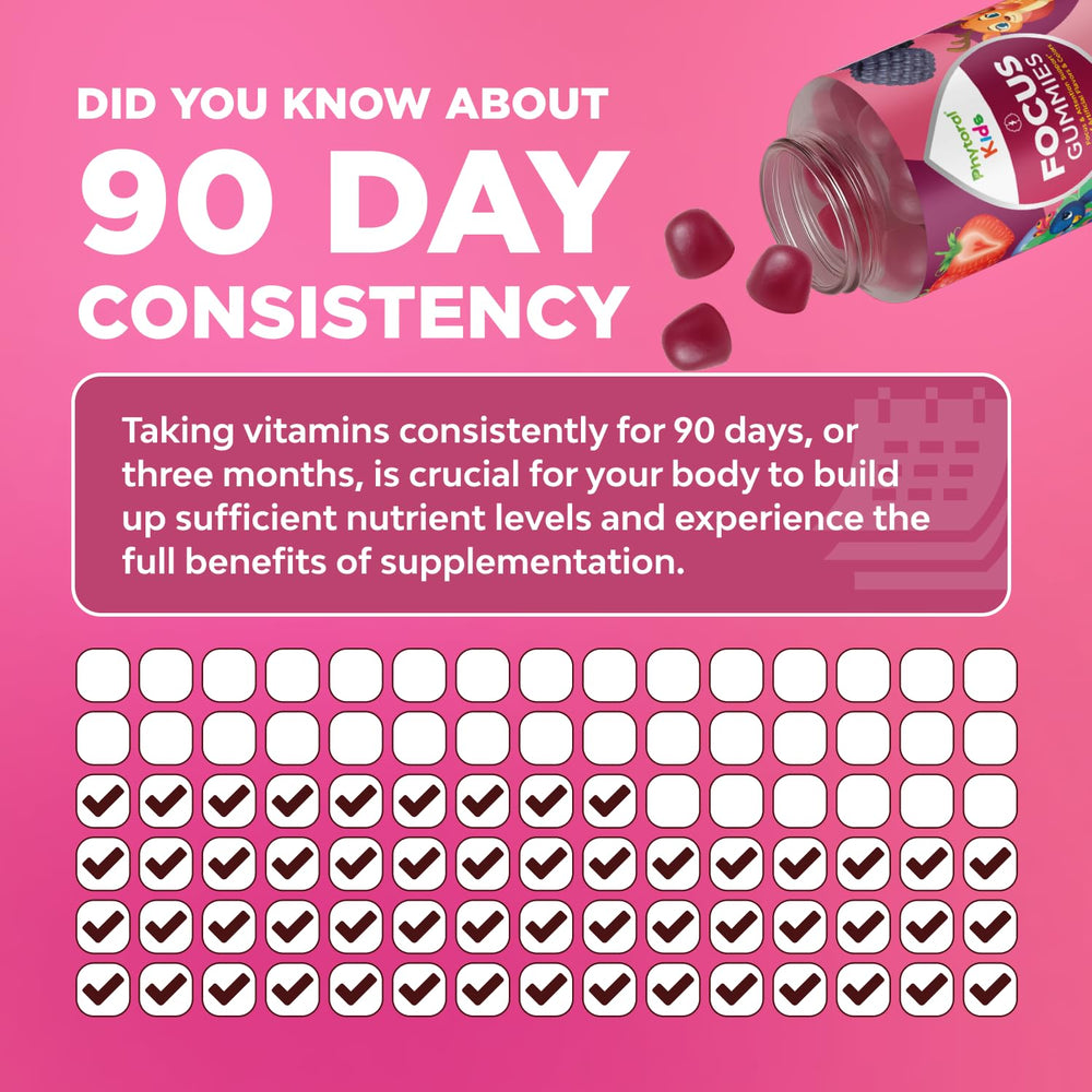 Phytoral Vegan Kids Focus Gummies non-GMO label image highlights clean nutrition for growing minds.