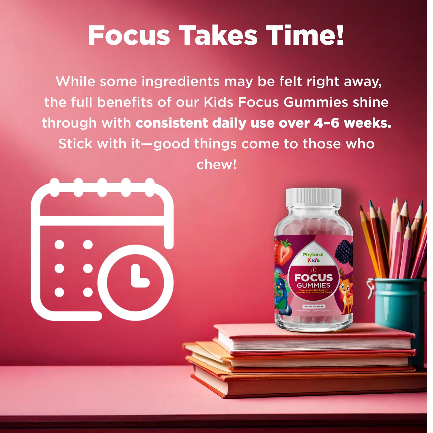 Phytoral Vegan Kids Focus Gummies table setup shows easy daily chewables for kids.
