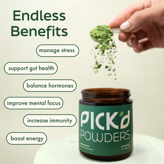 PICK'D POWDERS daily greens scoop highlighting convenient plant-based nutrition