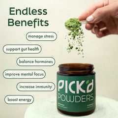 PICK'D POWDERS daily greens scoop highlighting convenient plant-based nutrition