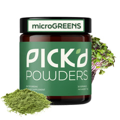PICK'D POWDERS Microgreens Powder bottle showing organic greens blend for daily energy and immunity