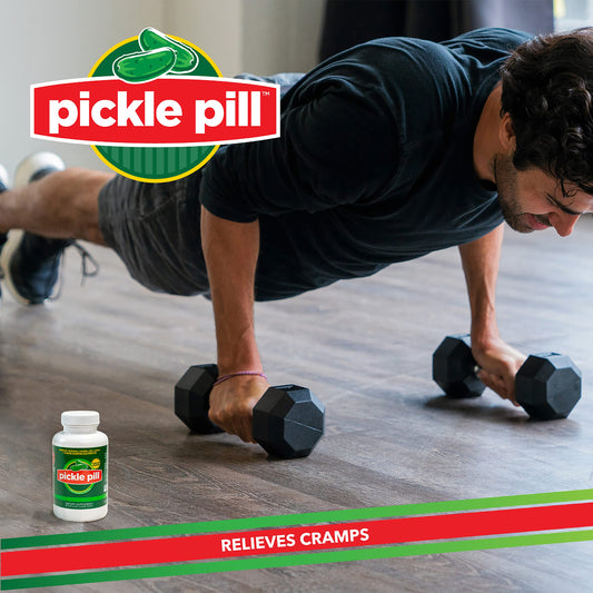 Close-up of PicklePill capsules highlighting easy cramp relief without taste.