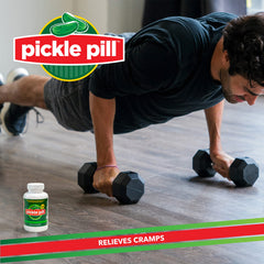Close-up of PicklePill capsules highlighting easy cramp relief without taste.