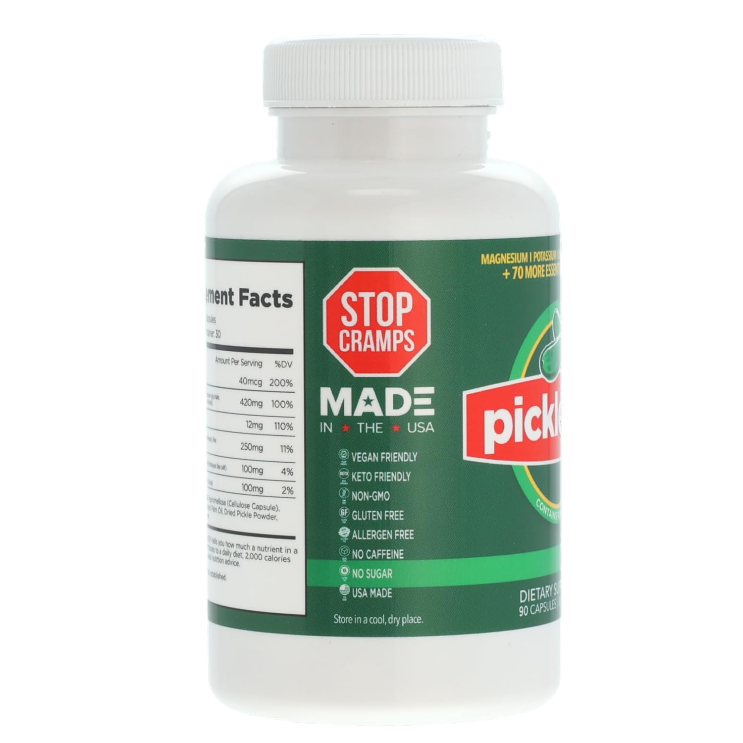 PicklePill label shows potassium, magnesium, D3 and trace minerals.