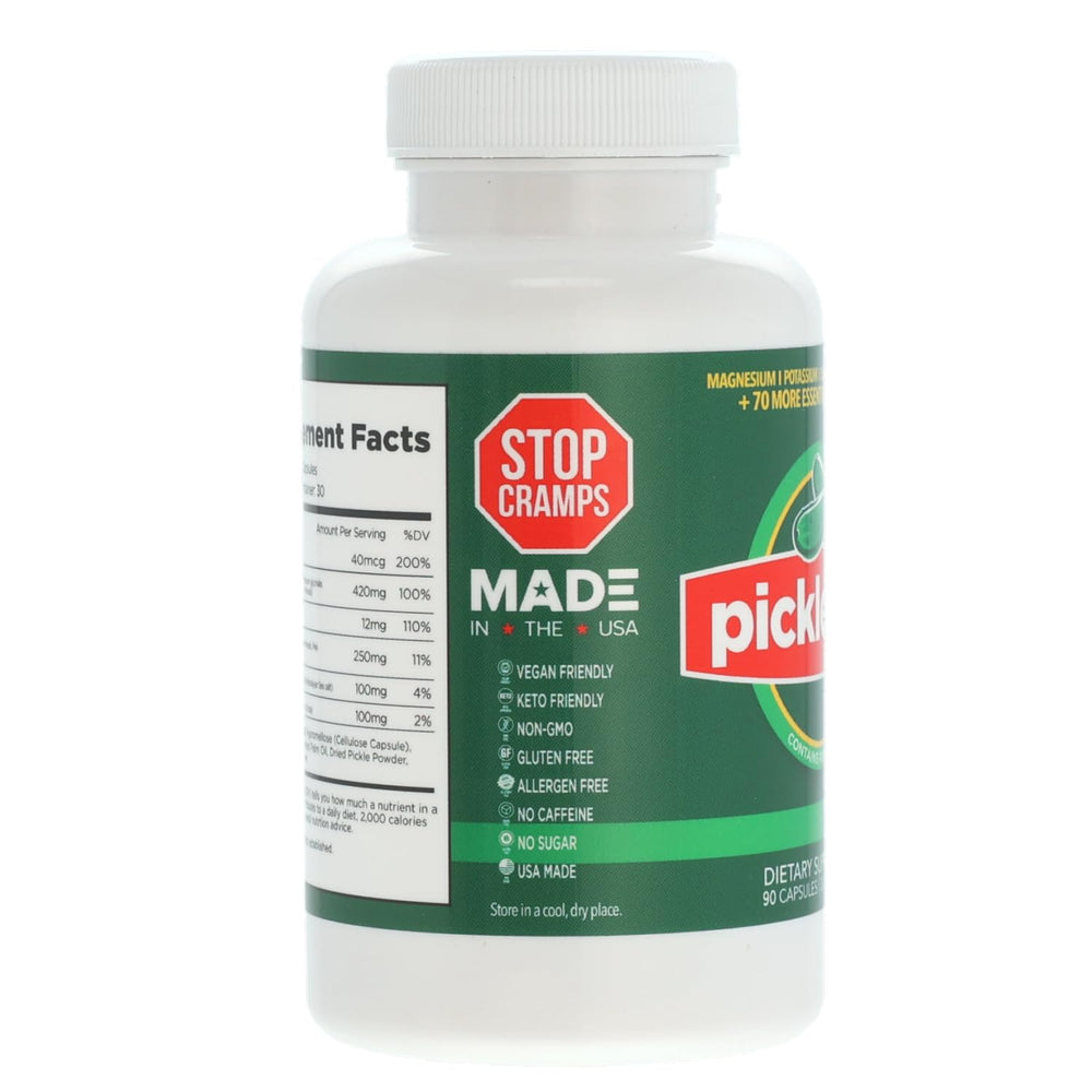 PicklePill label shows potassium, magnesium, D3 and trace minerals.