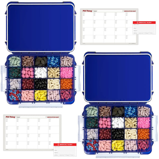 Pill Thing 20-compartment case in cobalt blue providing UV protection for pills