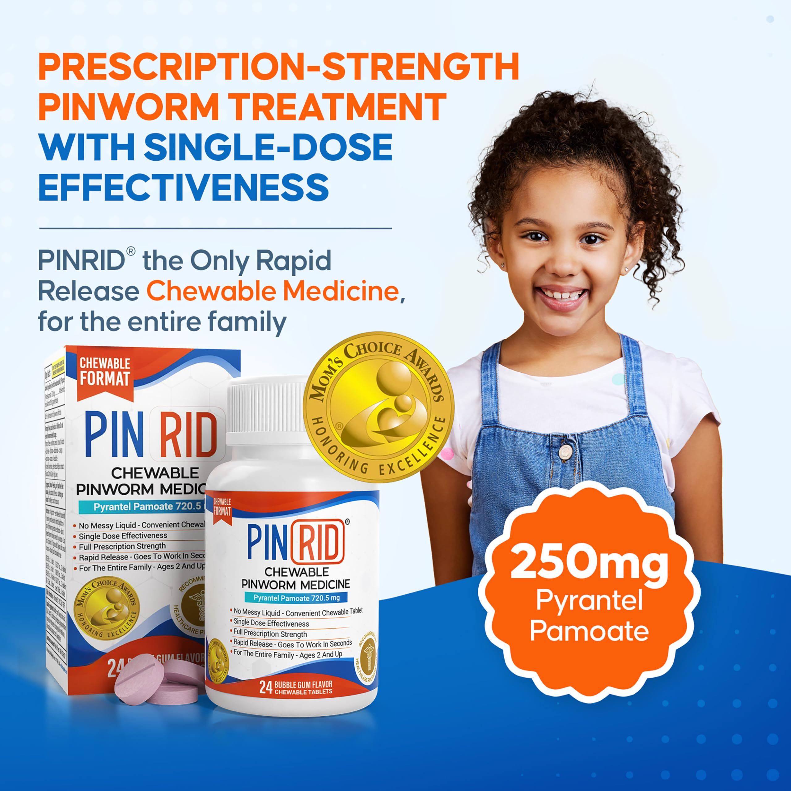 PinRid 250 mg Pyrantel Pamoate tablet close-up showing dosage form for easy dosing.