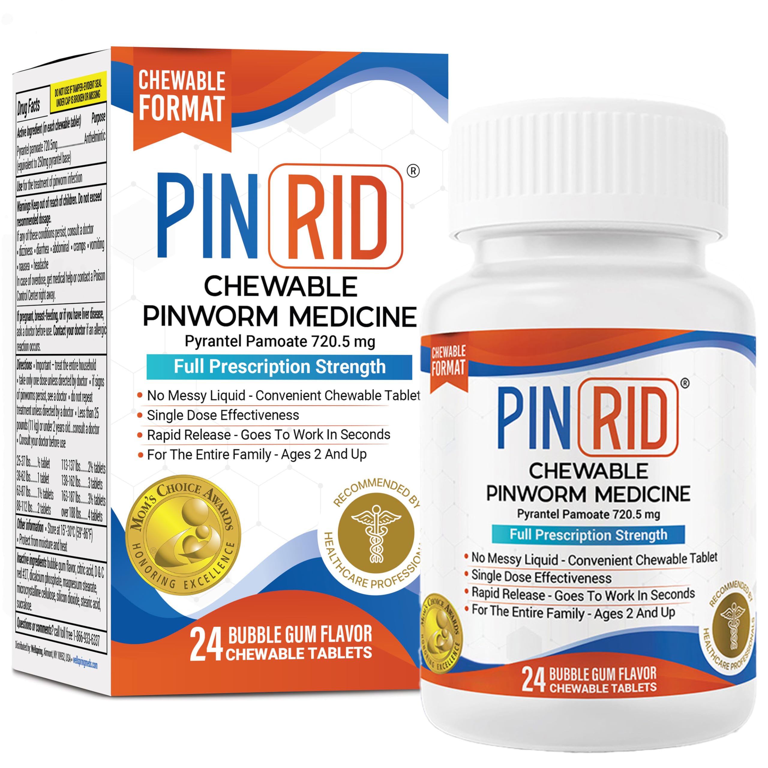 PinRid bubblegum chewable packaging shown, kid-friendly design for family use.