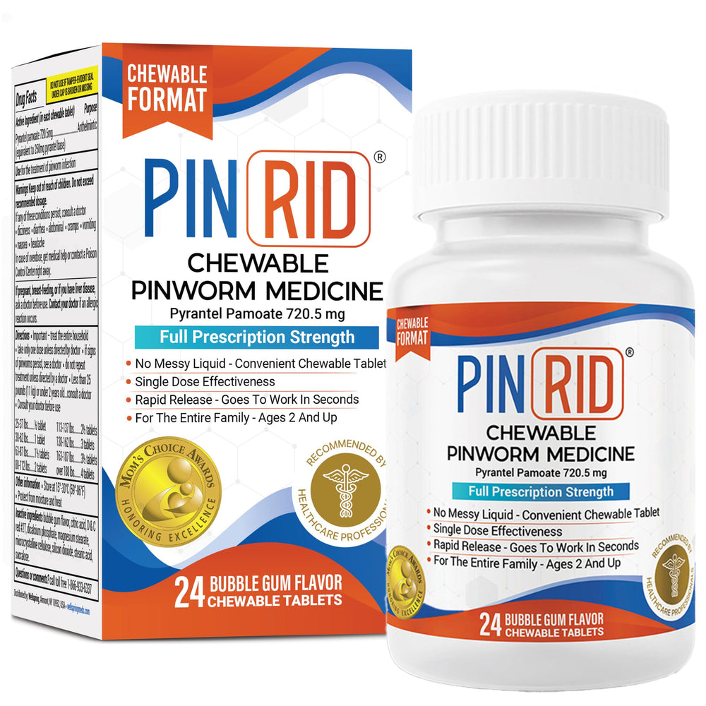 PinRid bubblegum chewable packaging shown, kid-friendly design for family use.